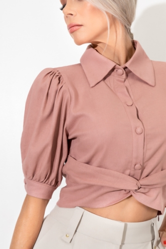 Blusa Cropped de Linho Rosa Pó